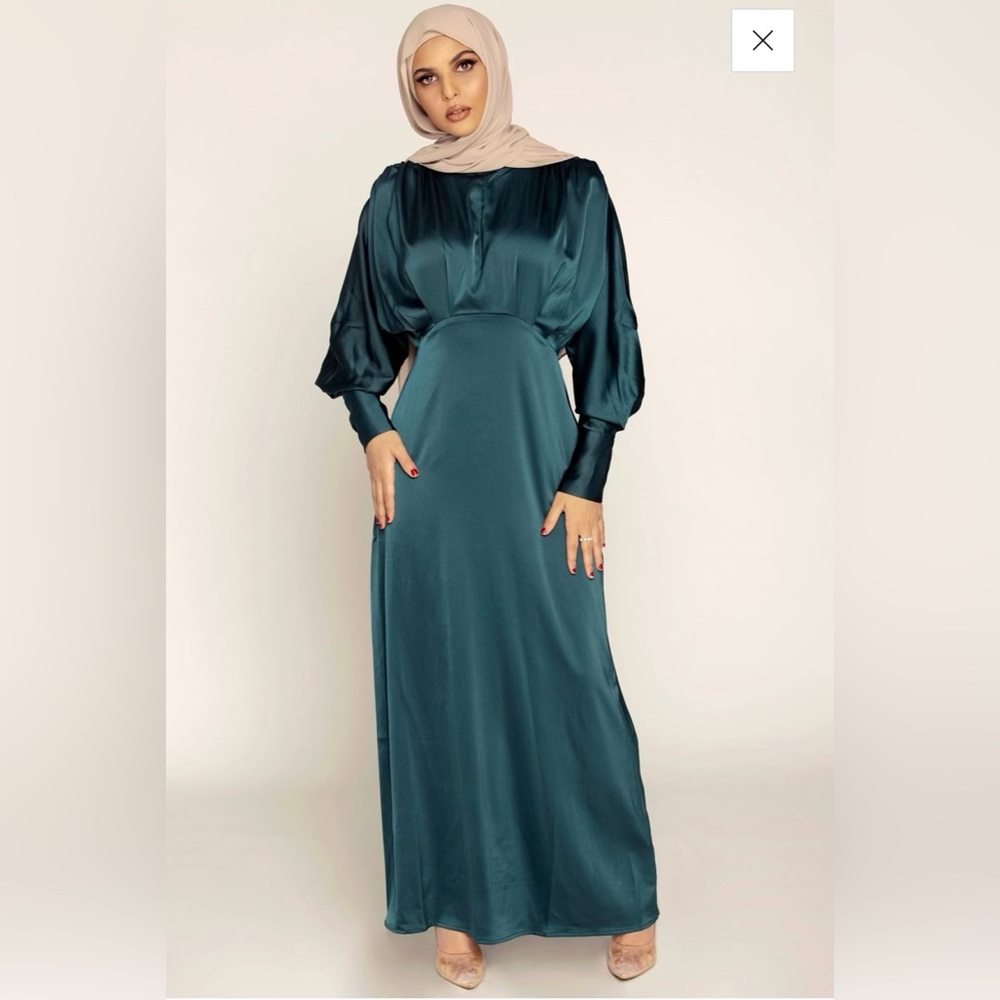 Deep Teal Batwing Satin Maxi Dress